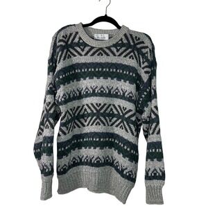VTG Bill Blass Menswear Sweater Vintage Crew Neck Nordic Gray Green Knit L Y2K